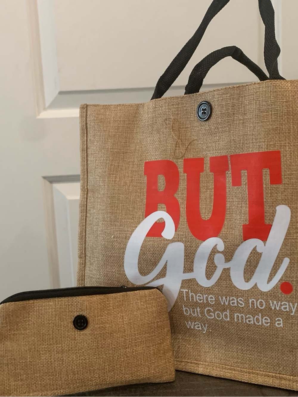 Inspirational 'But God' Jute Tote with Matching Pouch - Red & White Text